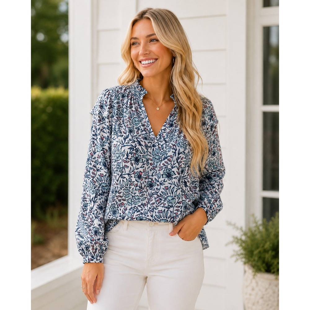 Southern Tide Floral Cotton Ruffle Neck Popover Blouse Blue Pink Size L